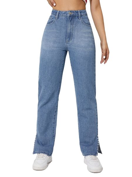 

high waist pearl beaded slit hem straight leg jeans a5vz#, Blue