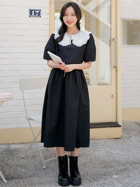

dazy eyelet embroidery statement collar smock dress g6p3#, Black;gray