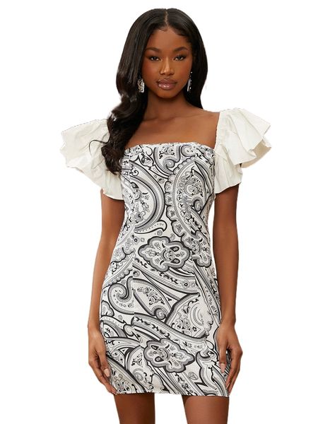 

newness paisley print butterfly sleeve dress p8bf#, Black;gray
