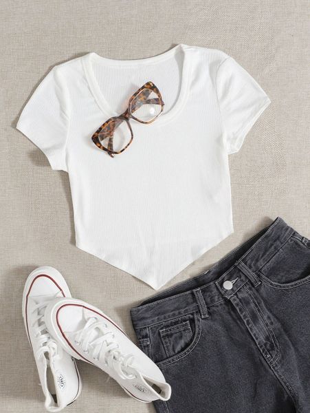 

asymmetrical hem rib-knit r6f8#, White