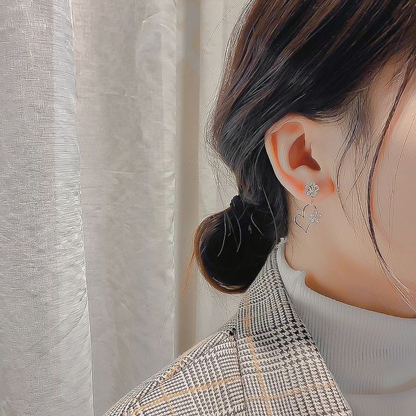 

925 silver needle korean hollow zircon flower earrings korean elegant heart eardrops cyber celebrity style new arrival wholesale eardrop, Golden