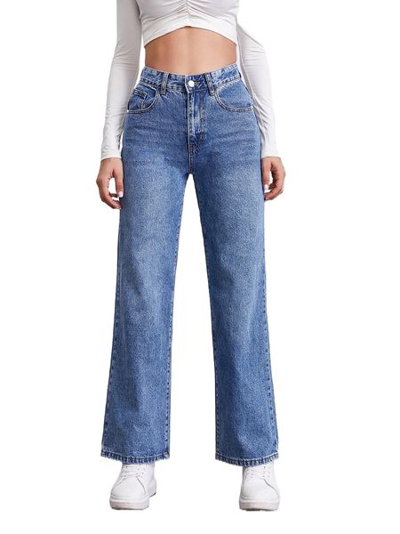 

high waist straight leg jeans f02a#, Blue