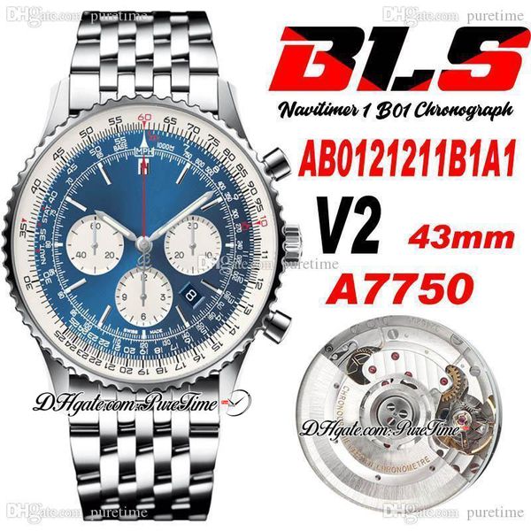 

blsf ab0121211g1a1 eta a7750 automatic chronograph mens watch 43mm blue dial white subdial stainless steel bracelet super edition watches pu, Slivery;brown