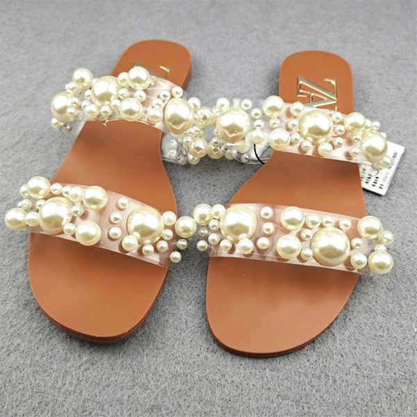 

size 35-42 pearl luxury slippers lady moccasin colorful fashion trasparent shoes for summer flat slipper z695225x, Black