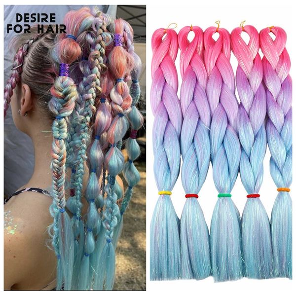 24Inch 100G Ombre Intrecciare i capelli sintetici Mix Tinsel Glitter Fibra Jumbo Trecce Estensioni dei capelli