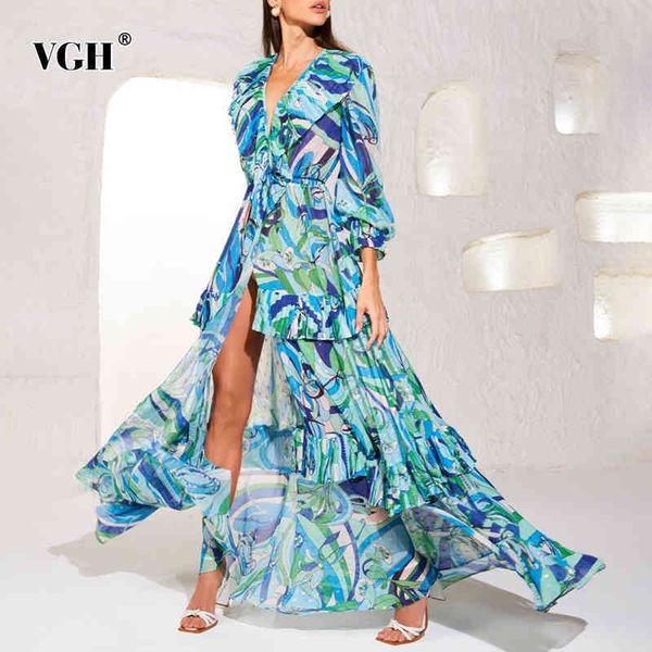 

bohemian patchwork ruffle dress for women v neck long sleeve high waist irregular hem print dresses female fashion 210507, Black;gray