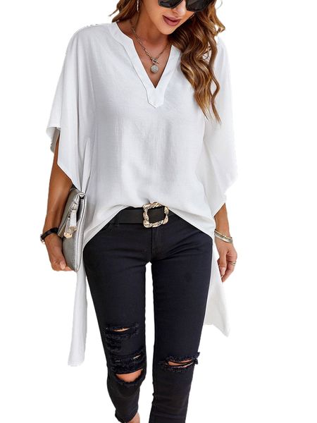 

solid high low hem batwing sleeve popover blouse s0dc#, White