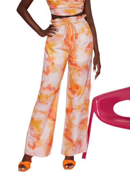 

newness tie dye ruffle trim drawstring waist pants o466#, Black;white