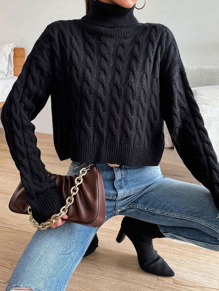 

turtleneck cable knit drop shoulder sweater g096#, White;black
