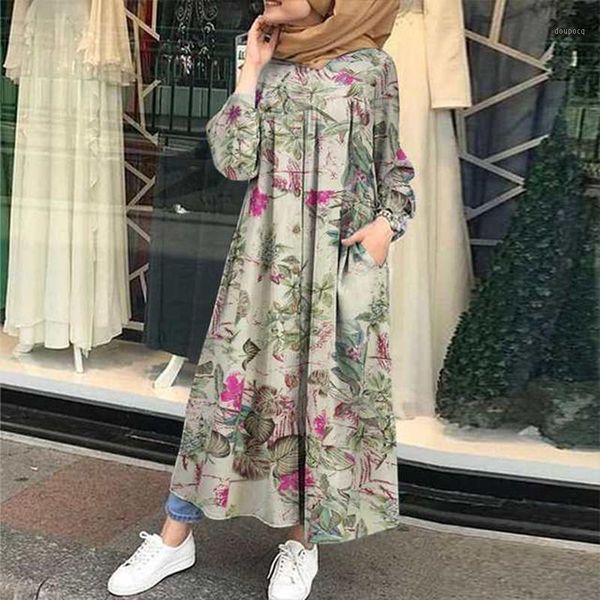 Roupas étnicas Vestido de hijab muçulmano Mulheres vintage de manga longa marocain kaftan maxi 2022 outono imprimido vestidos fêmea manto solto plus size