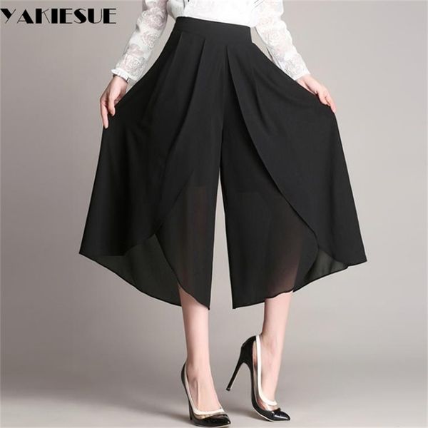

wide leg pants women chiffon skirt pants capris high waist loose casaul trousers female trousers plus size pantalon femme mujer 210412, Black;white