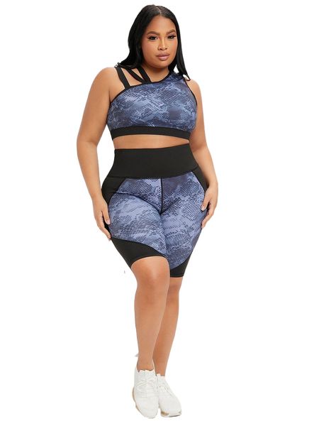 

plus four-way stretch snakeskin print sports set y0lq#, Black