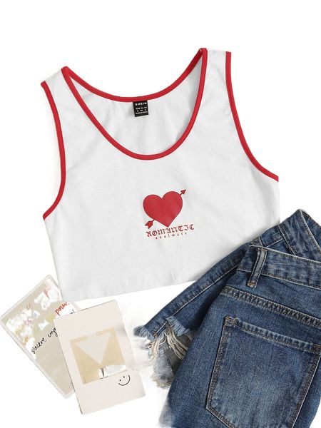

heart & letter pattern contrast binding crop tank 52fv#, White