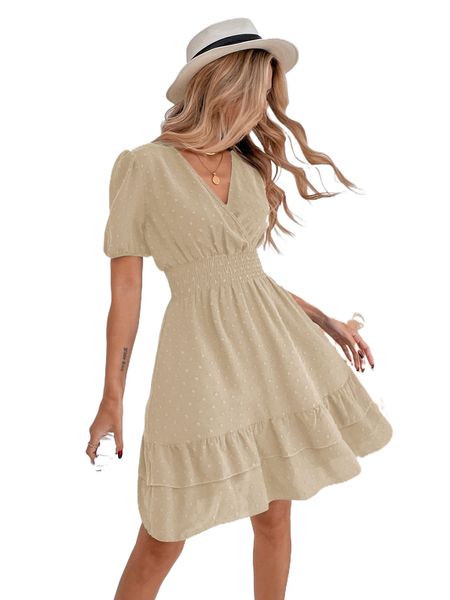 

surplice neck swiss dot shirred waist layered hem dress w8fn#, Black;gray