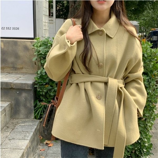 

women autumn winter slim waist short wool coat jacket single breasted yellow woolen overcoat with belt 201215, Black
