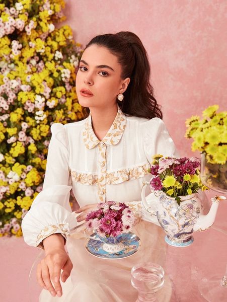 

peter pan collar plants embroidery blouse v7n5#, White