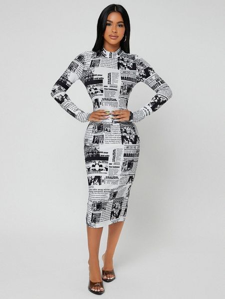

sxy mock neck newspaper print bodycon dress q825#, Black;gray