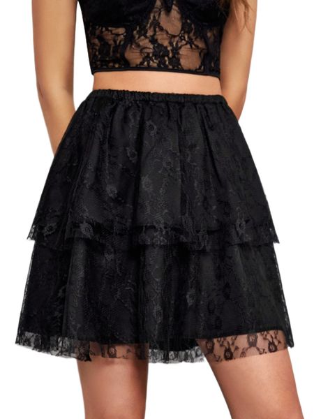 

lace high waist layered skirt a9hz#, Black