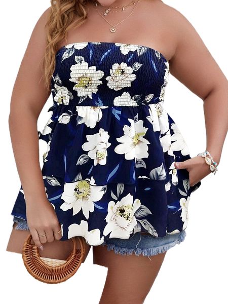 

plus floral print shirred layered hem tube d7a2#, Black