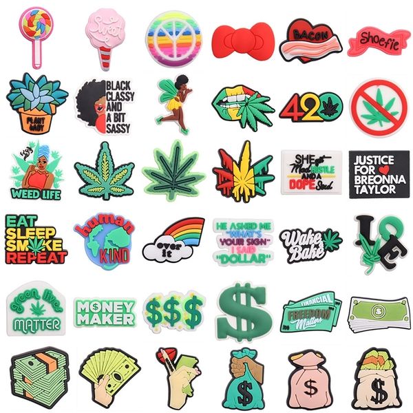 

1pcs green leaf pvc shoe charms money dollar rainbow earth accessories shoe buckle fit bracelets croc jibz kids gift 220713, White;pink
