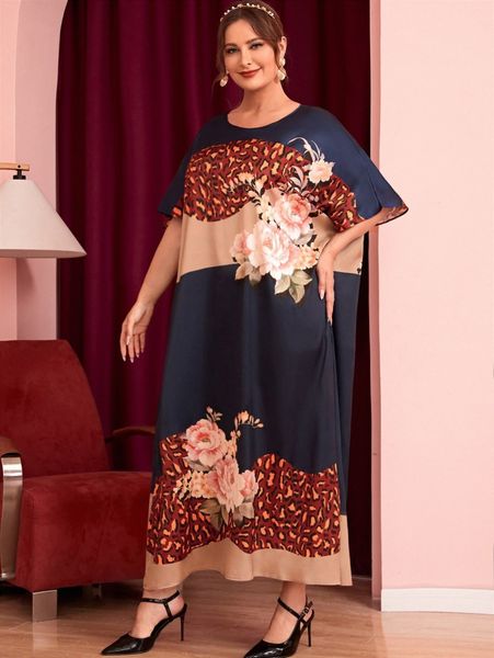 

plus floral print colorblock batwing sleeve dress n4v4#, Black