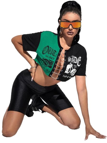 

letter & motorcycle graphic colorblock chain crop tee e22u#, White