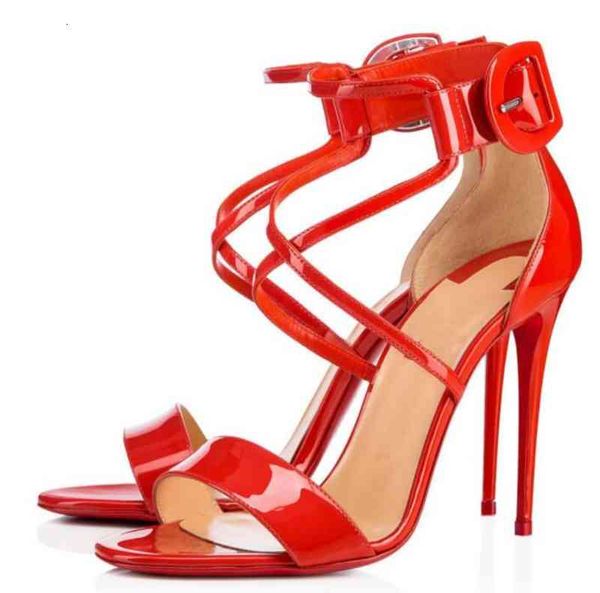 

sandals summer ladies luxury high heel red sole shoes choca 100mm patent leather open toe strap cross foot nude buckle highs heels l3qp, Black