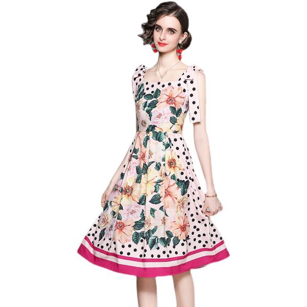 

polka dot floral suspender beach dress woman designer summer casual vacation high waist party club big swing dresses 2023 runway sweet cute, Black;gray