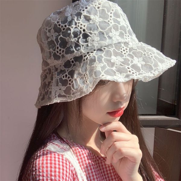 

summer fairy flower silk fisherman female small pure fresh and thin barrel cap with hollow out sun hat bucket hats 220615, Blue;gray