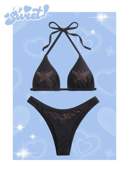 

romwe butterfly rhinestone decor halter bikini swimsuit r0hp#, White;black