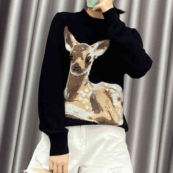

women's knits & tees black half high collar deer animal design long sleeve t-shirt embroidered sweater woolen women's loose autumn, White