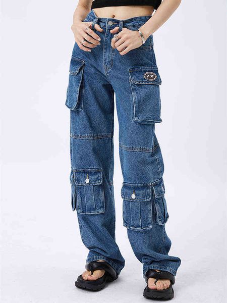 

blue tooling jeans women's summer thin loose american retro multi-pocket straight wide-leg mopping pants female denim trousers t220728