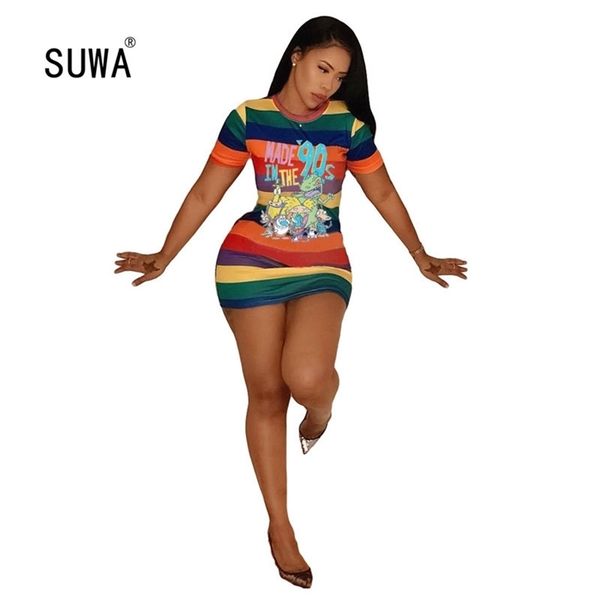 

summer new design cute cartoon print & striped sheath women vestidos streetwear lady o neck short sleeve slim mini dress t200618, Black;gray