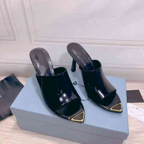 

slippers summer women's leather slippers pointed toe high heels outdoor trend, Black