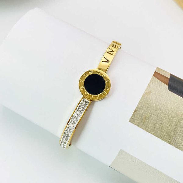 

real gold stainless steel half diamond insert bangle hollowed roman numerals bracelet btb bracelets bangle jade ankle bracelets wholesale, Black