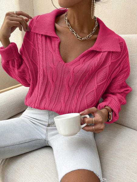 

v-neck collared cable knit sweater 30fv#, White;black