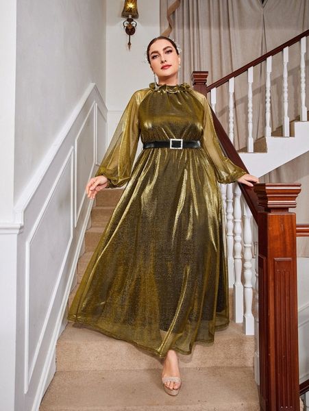 

plus lantern sleeve ruffle trim belted metallic dress p86i#, Black