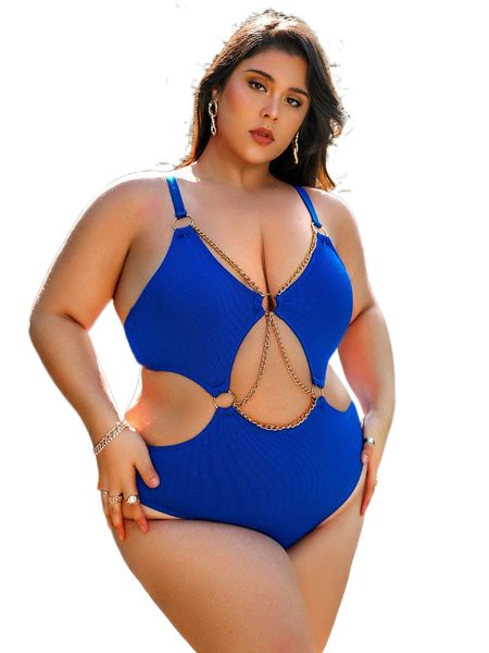 

plus chain ring detail cut out one piece swimsuit q5k2#, White;black