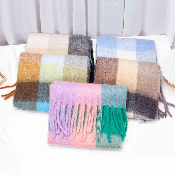 

scarves autumn and winter thickened warm colored plaid scarf loop yarn thick tassel color matching ac shawl bib women, Blue;gray