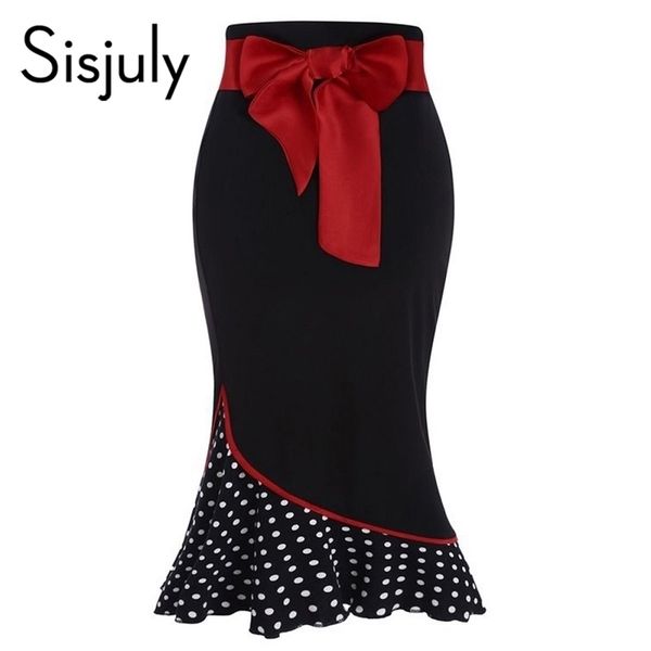 

sisjuly polka dot patchwork red bowknot mermaid skirt vintage bodycon women skirt girl black sheath party female bottom y200326