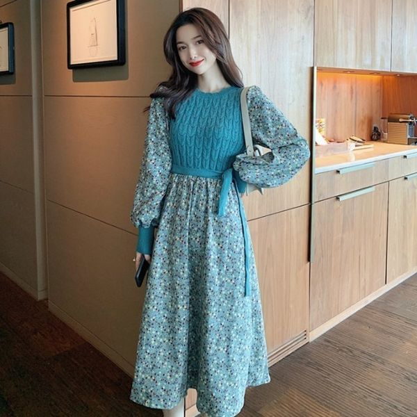 

chic corduroy floral long knitted dresses for women korean autumn and winter round neck stitching tie woman dress 210506, Black;gray
