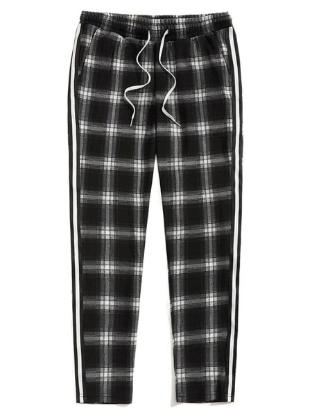 

men plaid contrast striped tape side drawstring waist pants v6ql#, Black