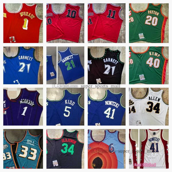 

real stitched retro mitchell and ness basketball jerseys 21 kevin 34 hakeem garnett olajuwon 1 tracy 41 dirk mcgrady ray 34 allen 40 shaw 20, Black;red