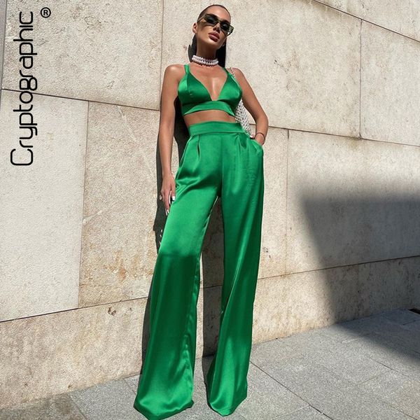 

silky satin camis crop and pants 2 piece set for women matching sets outfits high waist pants streetwear, Black;gray