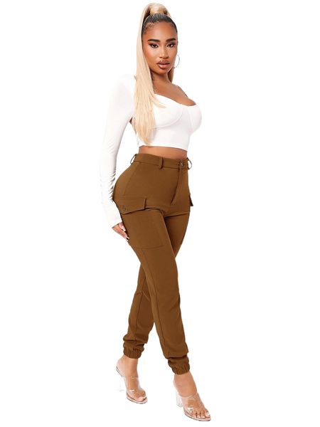 

high waist flap pocket side pants s1ei#, Black;white