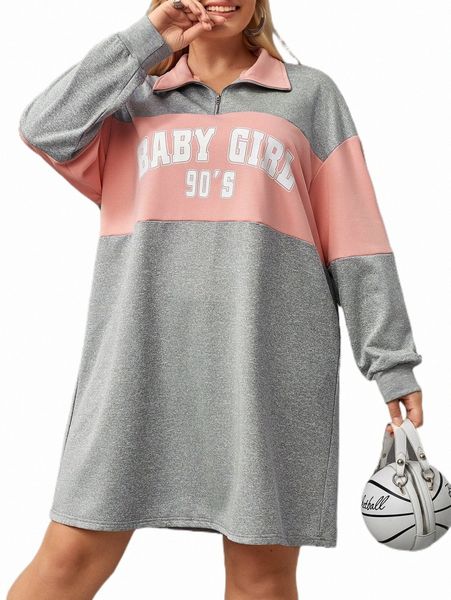 

plus letter graphic quarter zip drop shoulder tee dress h4zx#, Black