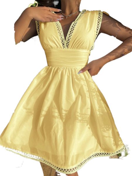 

drawstring shoulder deep v-neck a-line dress g7or#, Black;gray