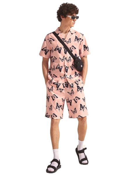 

men allover butterfly print shirt & drawstring waist shorts f6za#, Gray