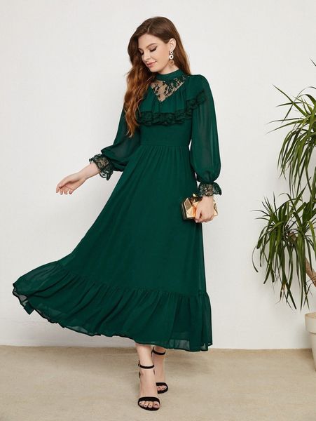 

mock neck lace insert ruffle hem dress z8hz#, Black;gray