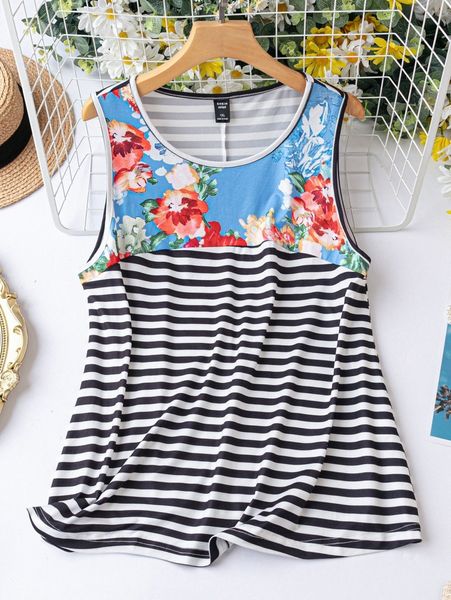 

plus floral print tank k1db#, Black